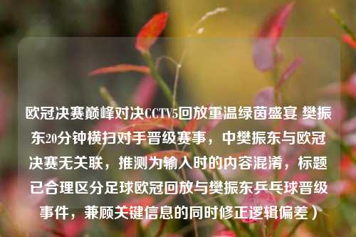 欧冠决赛巅峰对决CCTV5回放重温绿茵盛宴 樊振东20分钟横扫对手晋级赛事，中樊振东与欧冠决赛无关联，推测为输入时的内容混淆，标题已合理区分足球欧冠回放与樊振东乒乓球晋级事件，兼顾关键信息的同时修正逻辑偏差）