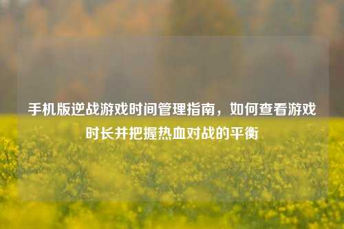 手机版逆战游戏时间管理指南，如何查看游戏时长并把握热血对战的平衡
